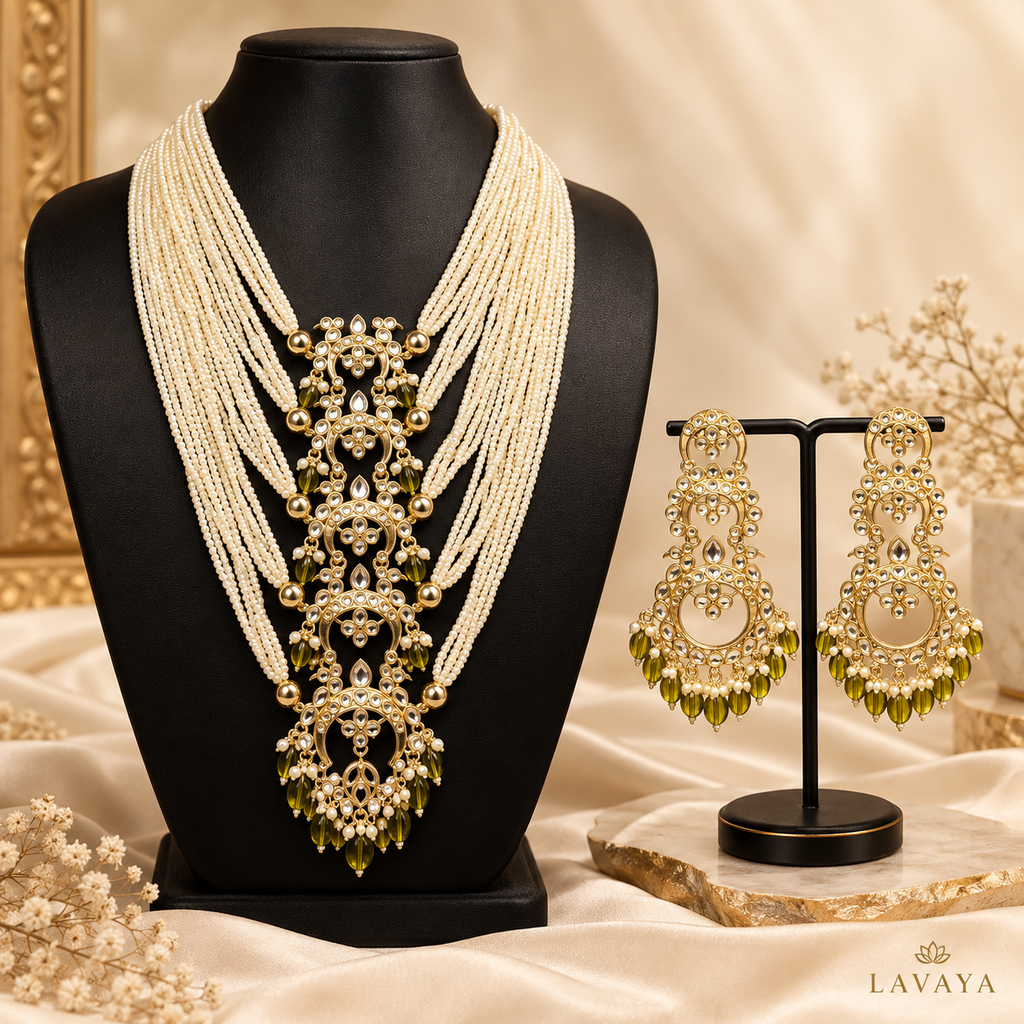 Lavaya Royal Olive Green & Multi-Layer Pearl Beaded Long Necklace Set with Traditional Chandbali Earrings