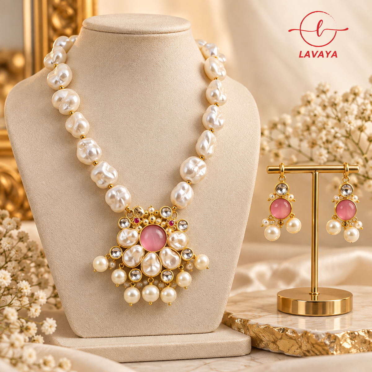 Lavaya Pearl & Pink Stone Gold-Plated Necklace Set with Matching Earrings