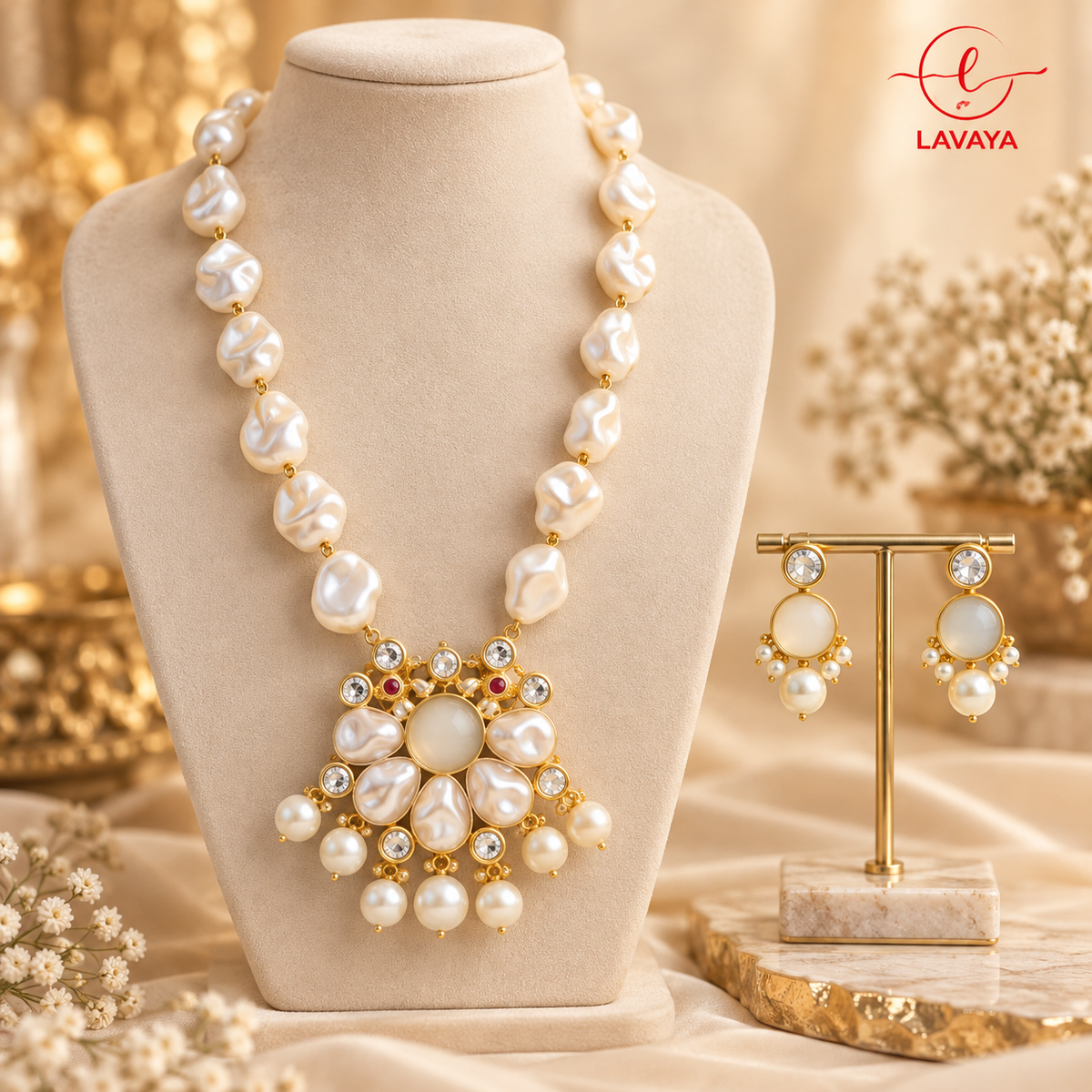 Lavaya Pearl & Pink Stone Gold-Plated Necklace Set with Matching Earrings
