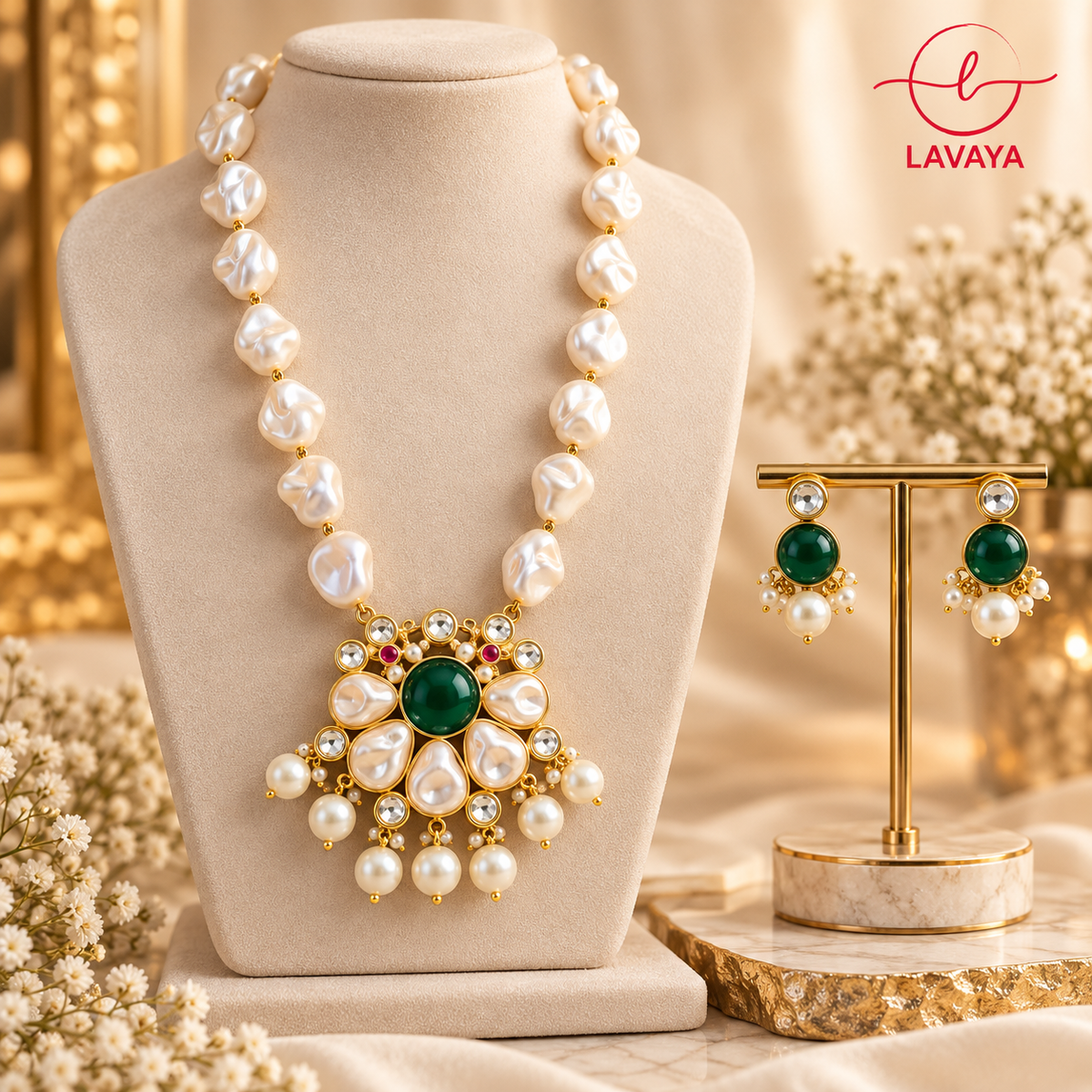 Lavaya Pearl & Pink Stone Gold-Plated Necklace Set with Matching Earrings