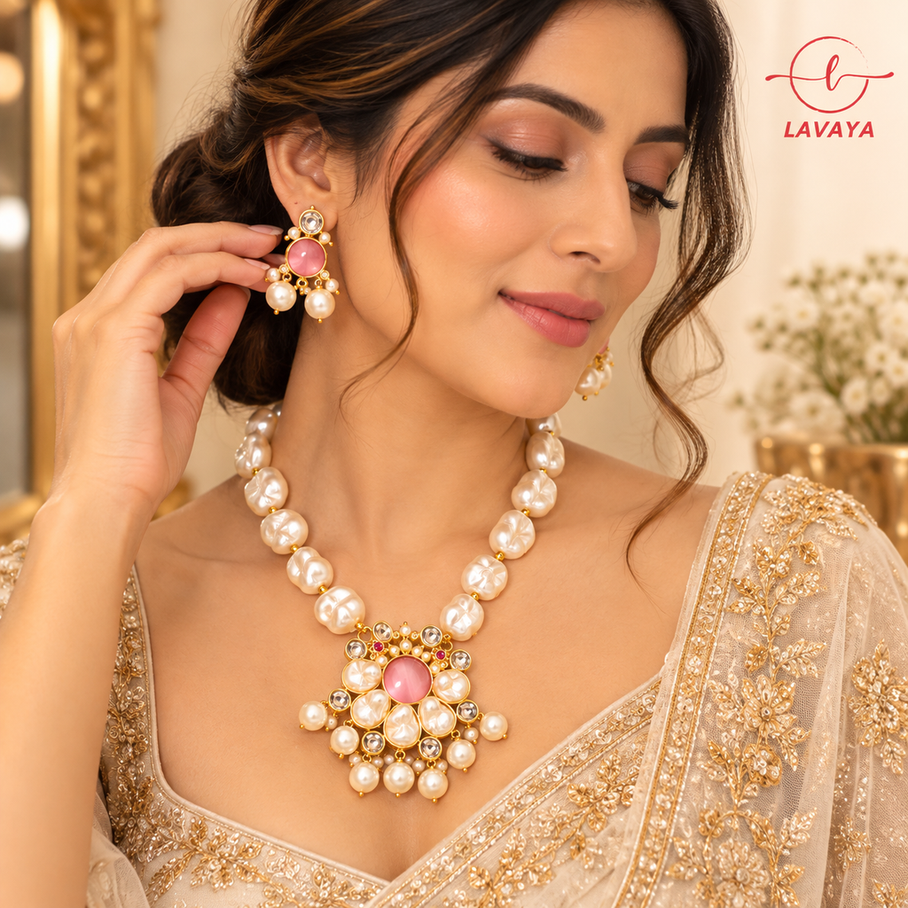 Lavaya Pearl & Pink Stone Gold-Plated Necklace Set with Matching Earrings