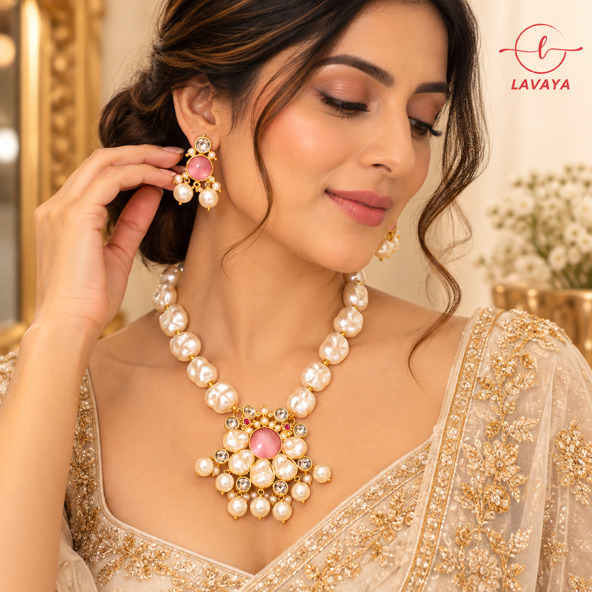 Lavaya Pearl & Pink Stone Gold-Plated Necklace Set with Matching Earrings