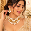 Lavaya Royal Ivory Pearl Choker Necklace Set with Gold-Tone Floral Detailing & Matching Pearl Drop Earrings