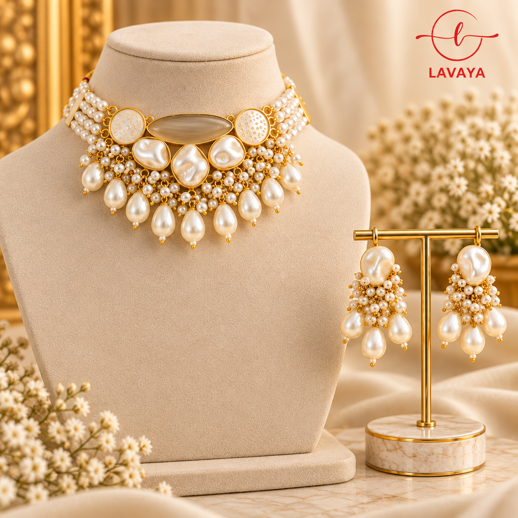 Lavaya Royal Ivory Pearl Choker Necklace Set with Gold-Tone Floral Detailing & Matching Pearl Drop Earrings