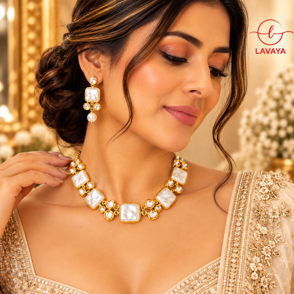 Lavaya Royal Ivory Mother-of-Pearl Kundan Choker Necklace with Gold-Tone Crystal Detailing & Matching Pearl Drop Earrings Jewellery Set
