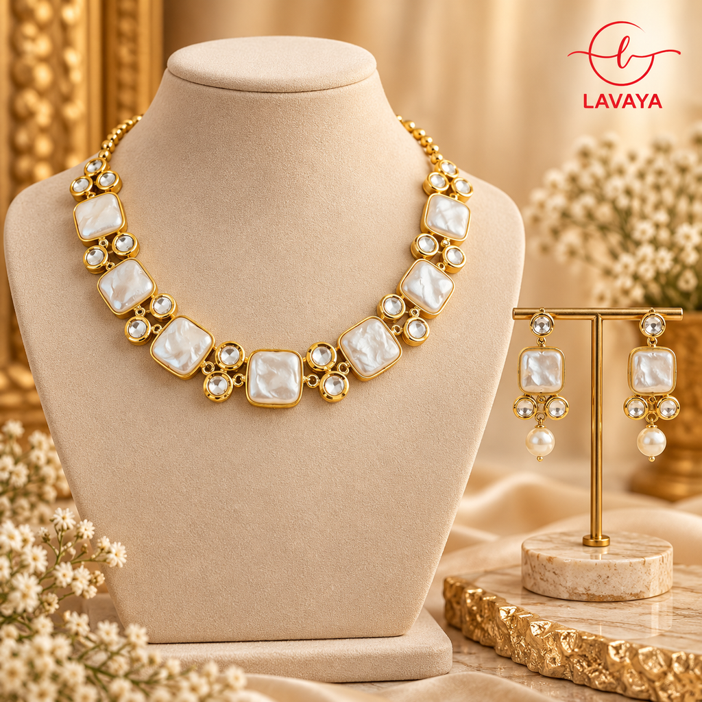 Lavaya Royal Ivory Mother-of-Pearl Kundan Choker Necklace with Gold-Tone Crystal Detailing & Matching Pearl Drop Earrings Jewellery Set