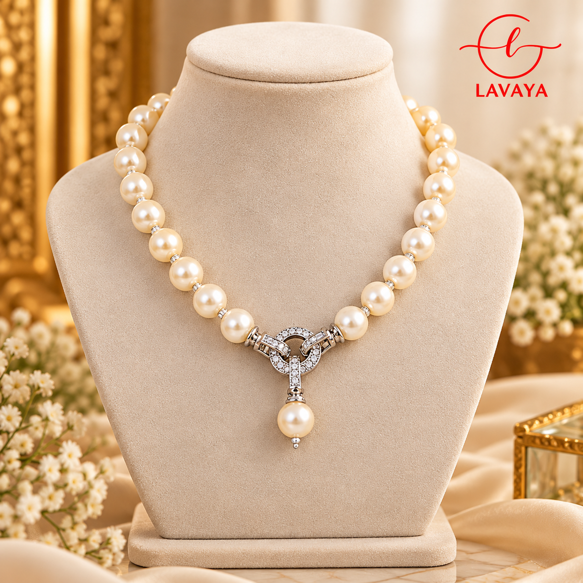 Lavaya Classic Ivory Pearl Necklace with Silver-Tone Crystal Knot Pendant & Elegant Pearl Drop Jewellery