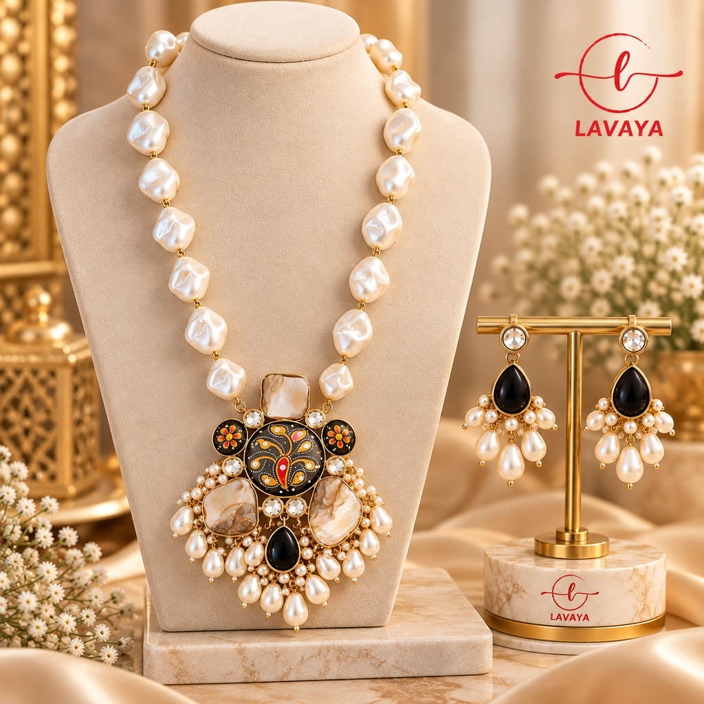 Lavaya Royal Ivory Pearl & Black Meenakari Statement Pendant Necklace with Matching Pearl Drop Earrings Jewellery Set