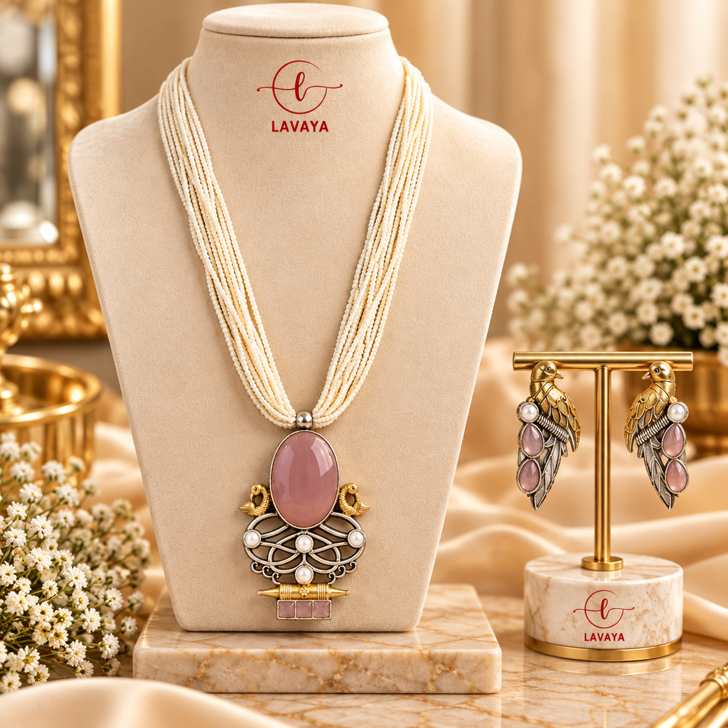 Lavaya Royal Blush Pink Stone & Multi-Layer Pearl Beaded Long Necklace Set with Designer Earrings