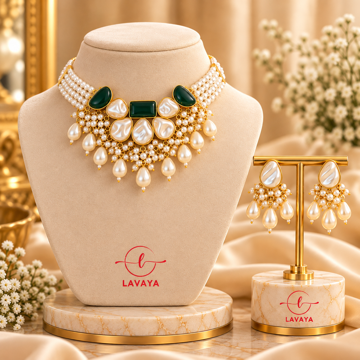 Lavaya Royal Emerald Green & Pearl Multi-Layer Choker Necklace Set with Matching Pearl Drop Earrings