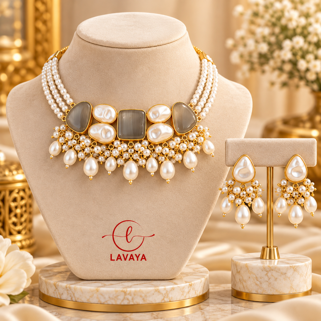 Lavaya Royal Grey Stone & Multi-Layer Pearl Choker Necklace Set with Elegant Pearl Drop Earrings