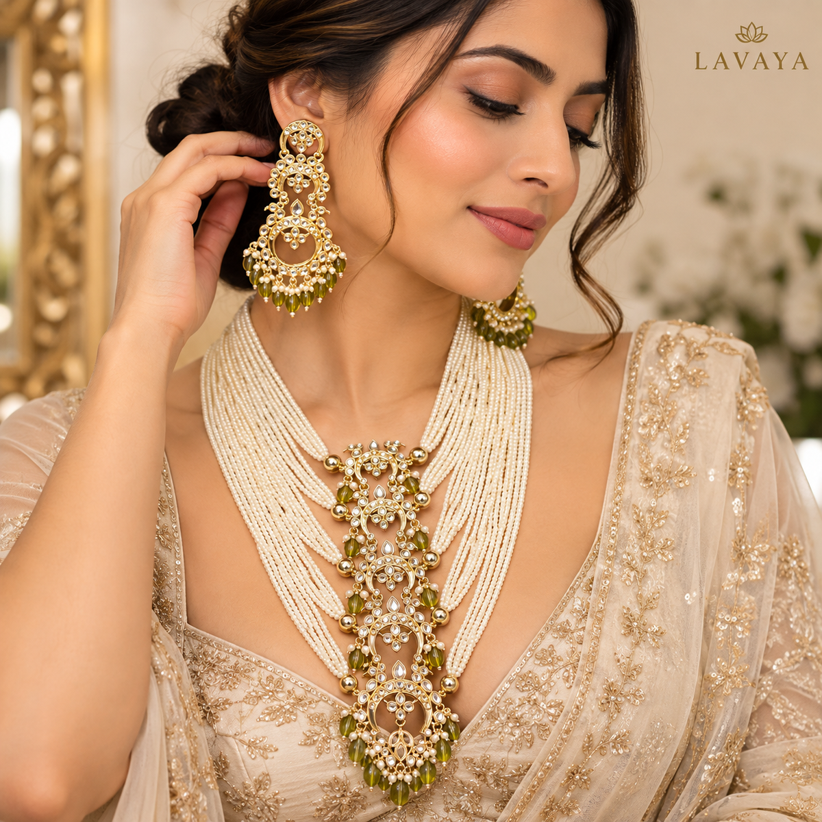 Lavaya Royal Olive Green & Multi-Layer Pearl Beaded Long Necklace Set with Traditional Chandbali Earrings