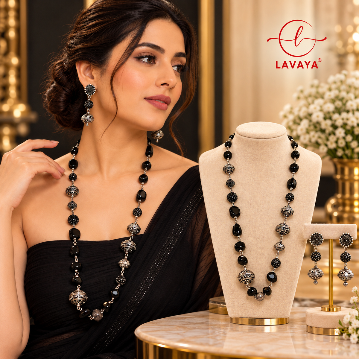 Lavaya Royal Black Onyx Beaded Necklace Set with Oxidized Silver-Tone Designer Beads & Matching Traditional Drop Earrings