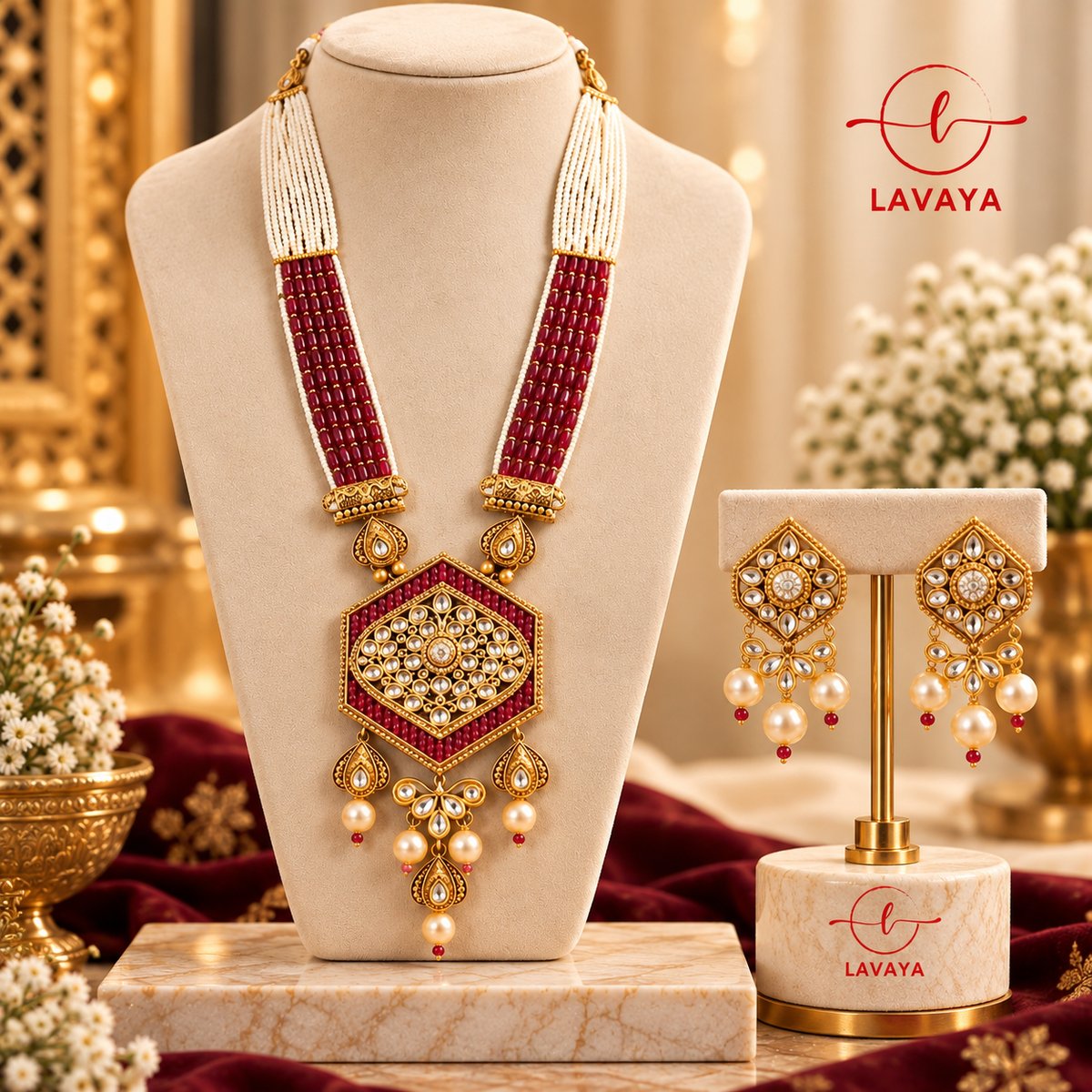 Lavaya Royal Ruby Red Kundan Pendant Necklace Set with Multi-Layer Pearl Beads & Matching Traditional Earrings