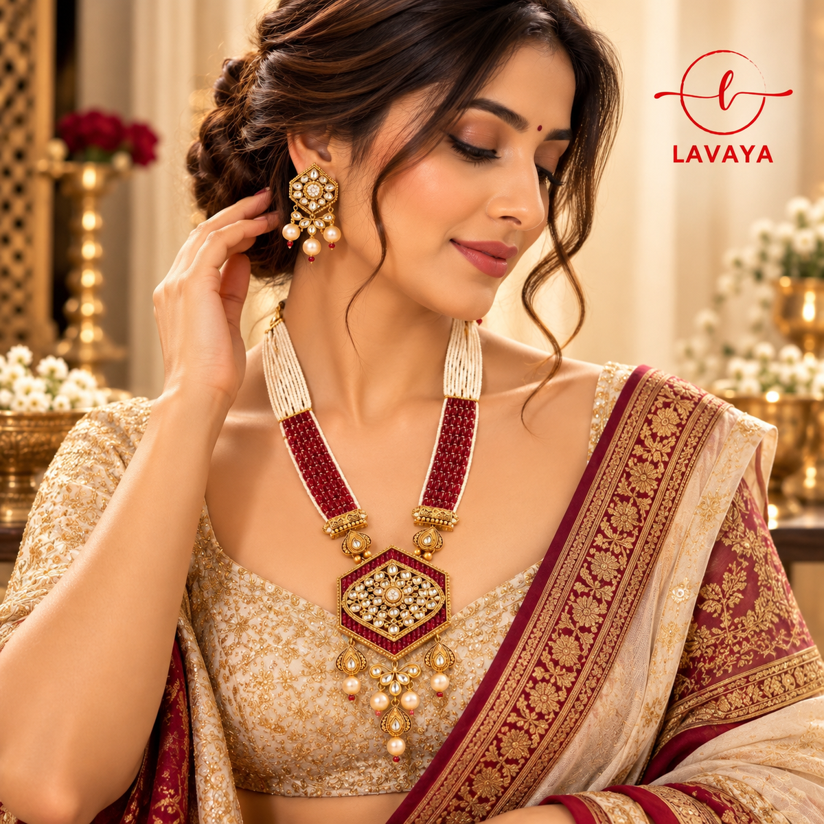 Lavaya Royal Ruby Red Kundan Pendant Necklace Set with Multi-Layer Pearl Beads & Matching Traditional Earrings