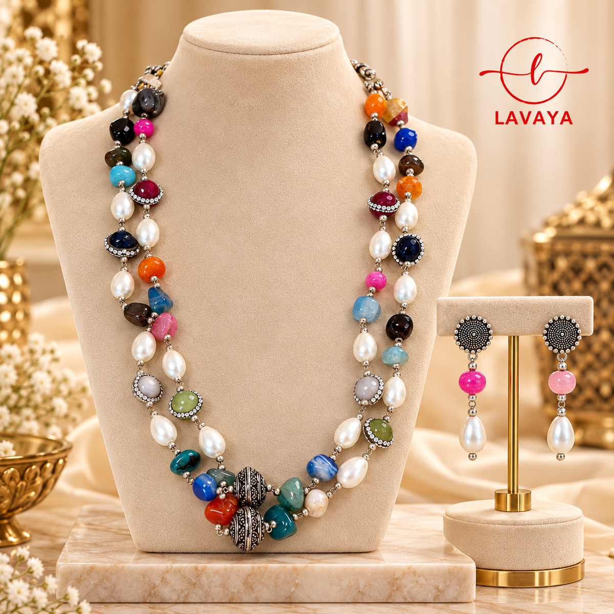 Lavaya Multicolour Beaded Pearl Layered Necklace & Earrings Set