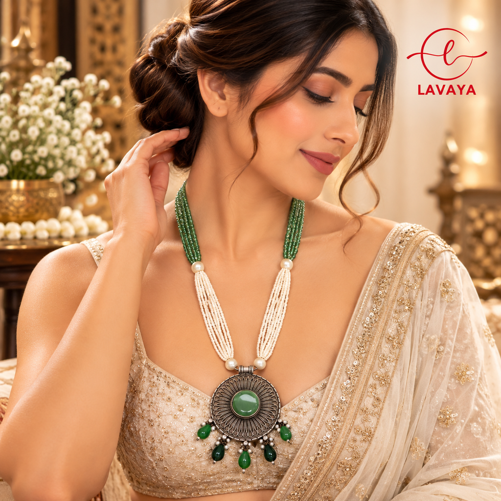 Lavaya Royal Turquoise Blue Stone Oxidised Silver Pendant & Pearl Beaded Layered Necklace