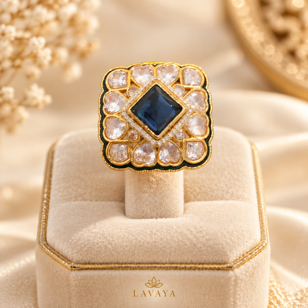 Royal Sapphire Blue Kundan Statement Ring with Gold-Tone Finish & Sparkling White Stone Detailing