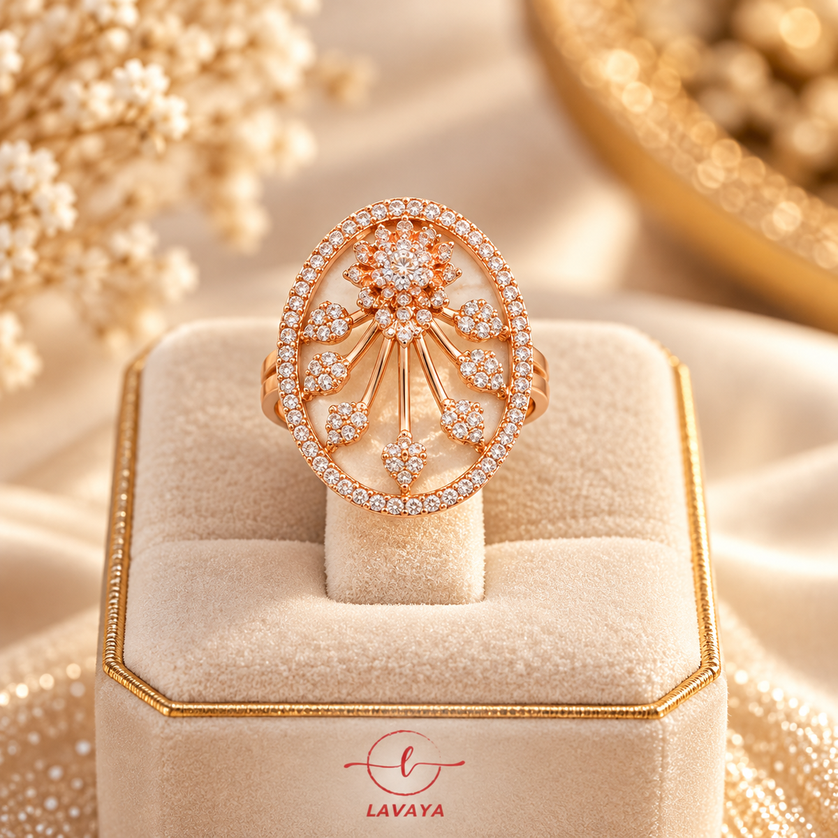 Royal Rose Gold Floral Burst Statement Ring with Sparkling White Crystals & Elegant Oval Design