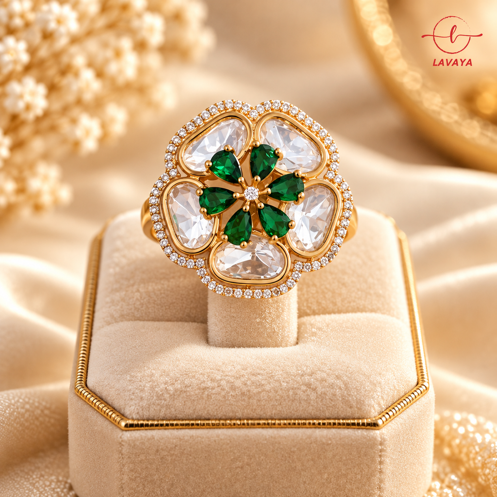 Royal Emerald Green Floral Kundan Statement Ring with Gold-Tone Finish & Sparkling Crystal Detailing