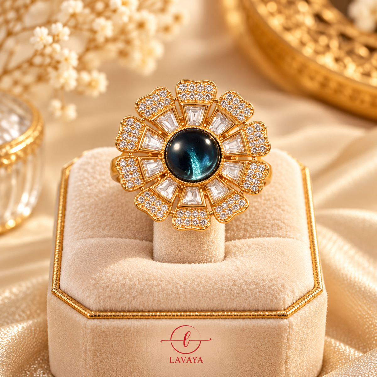 Royal Midnight Blue Stone Floral Statement Ring with Gold-Tone Kundan & Crystal Detailing