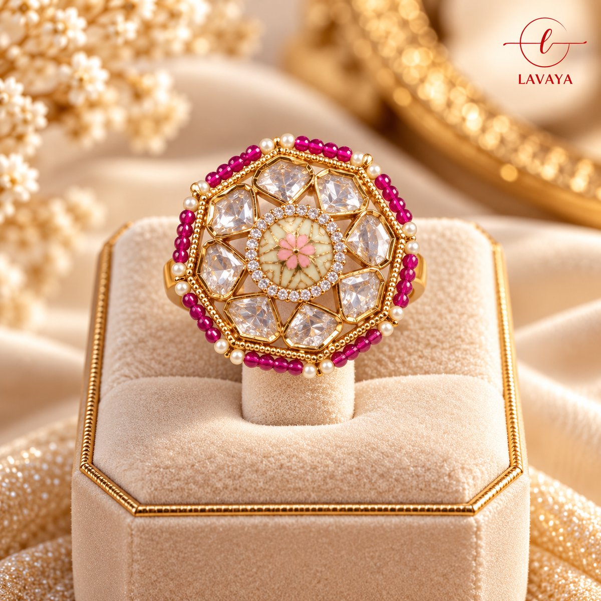 Royal Pink Meenakari Kundan Floral Statement Ring with Gold-Tone Finish & Pearl Detailing
