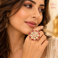 Royal Pink Meenakari Kundan Floral Statement Ring with Gold-Tone Finish & Pearl Detailing