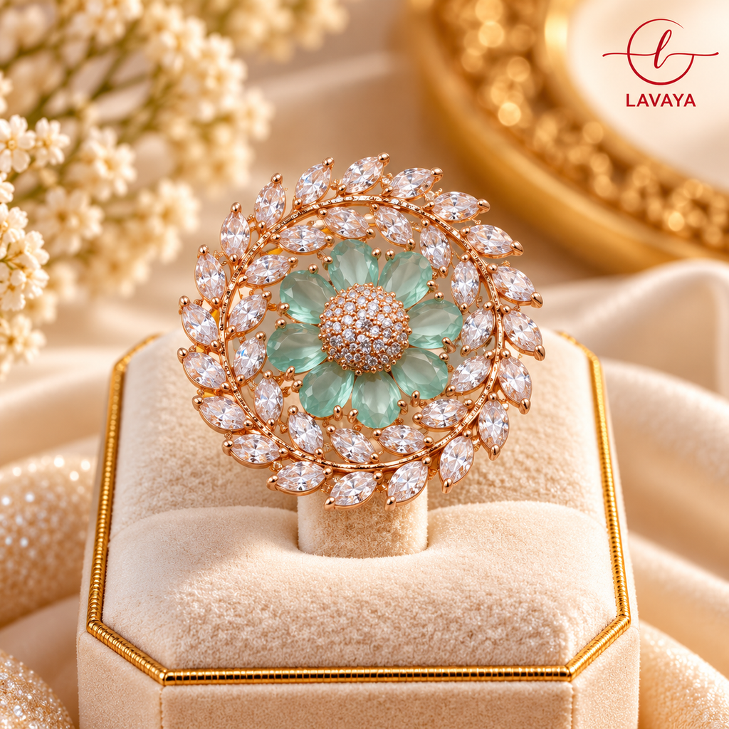 Royal Mint Green Floral Statement Ring with Rose Gold-Tone Finish & Sparkling Crystal Detailing