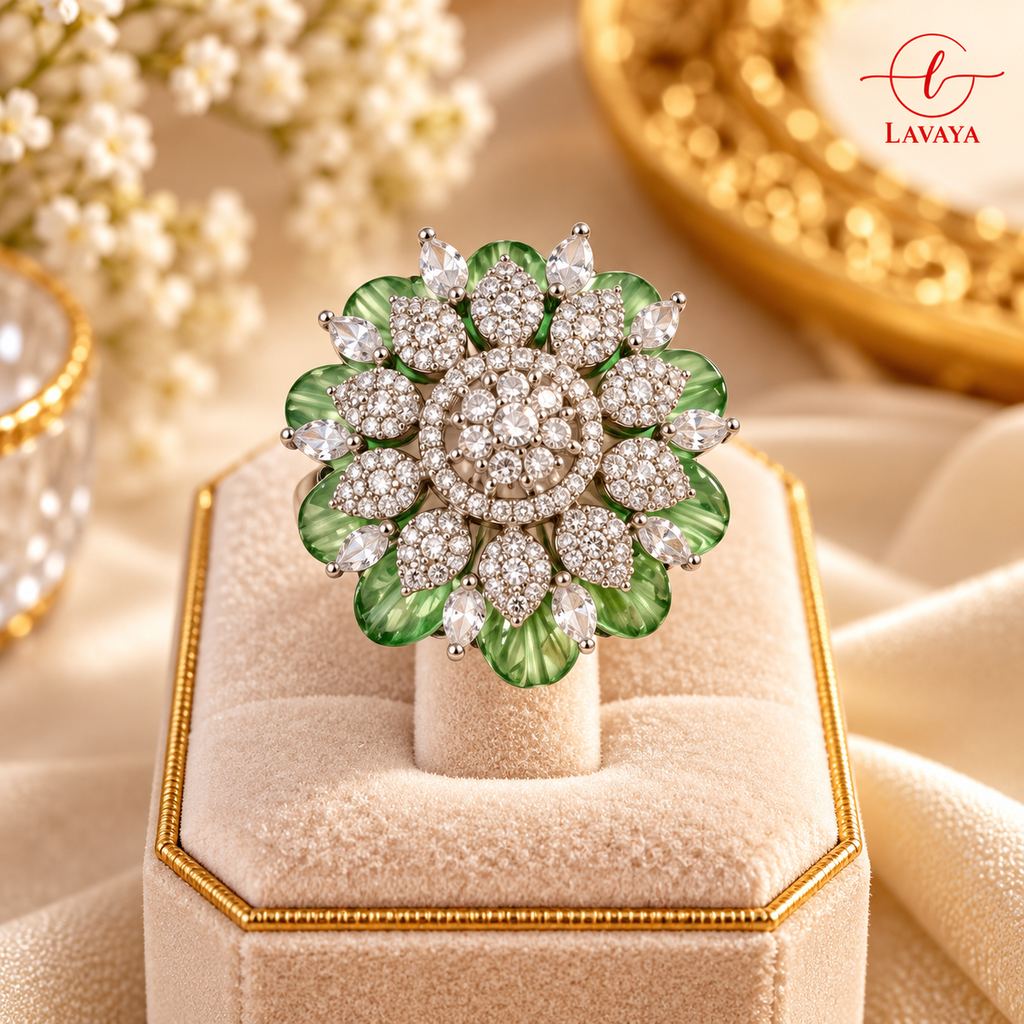 Royal Emerald Green Floral Statement Ring with Sparkling White Crystals & Silver-Tone Detailing