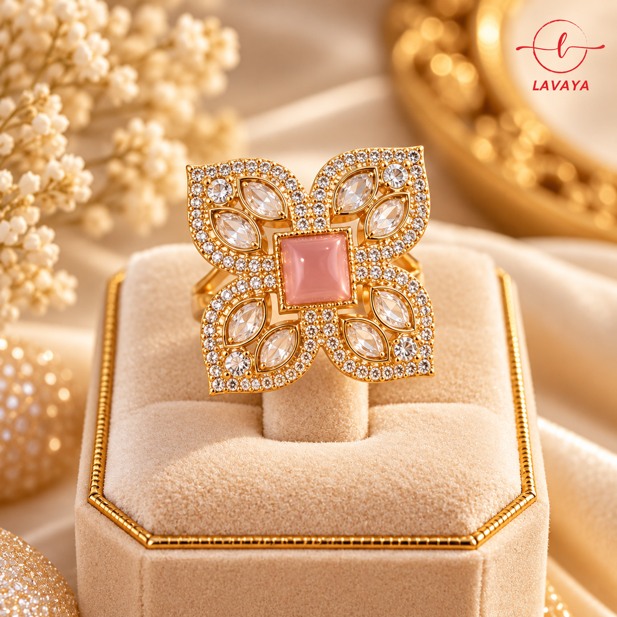 Royal Blush Pink Kundan Floral Statement Ring with Gold-Tone Finish & Sparkling Crystal Detailing