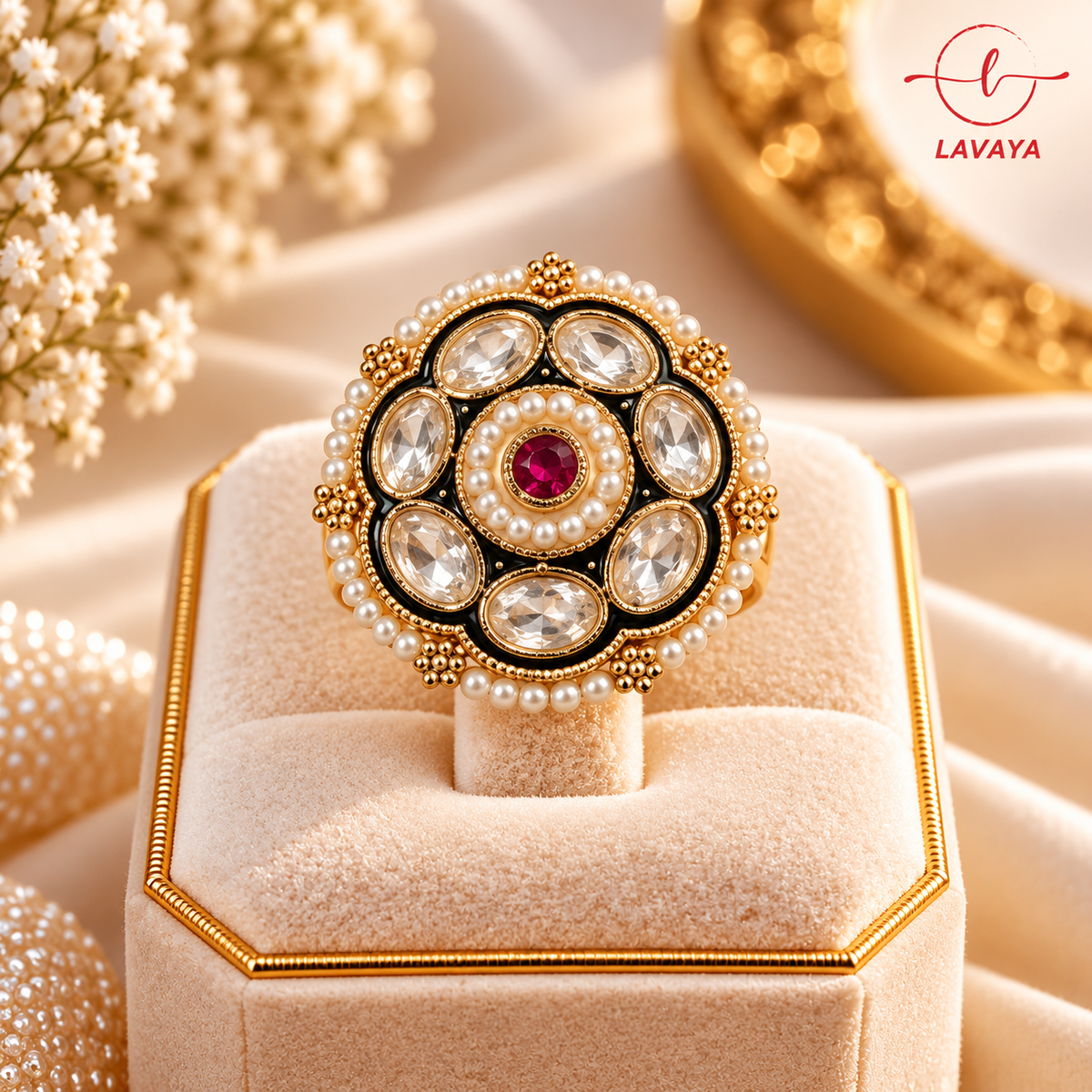 Royal Ruby Pink Kundan Statement Ring with Gold-Tone Finish, Pearl Border & Sparkling White Stones