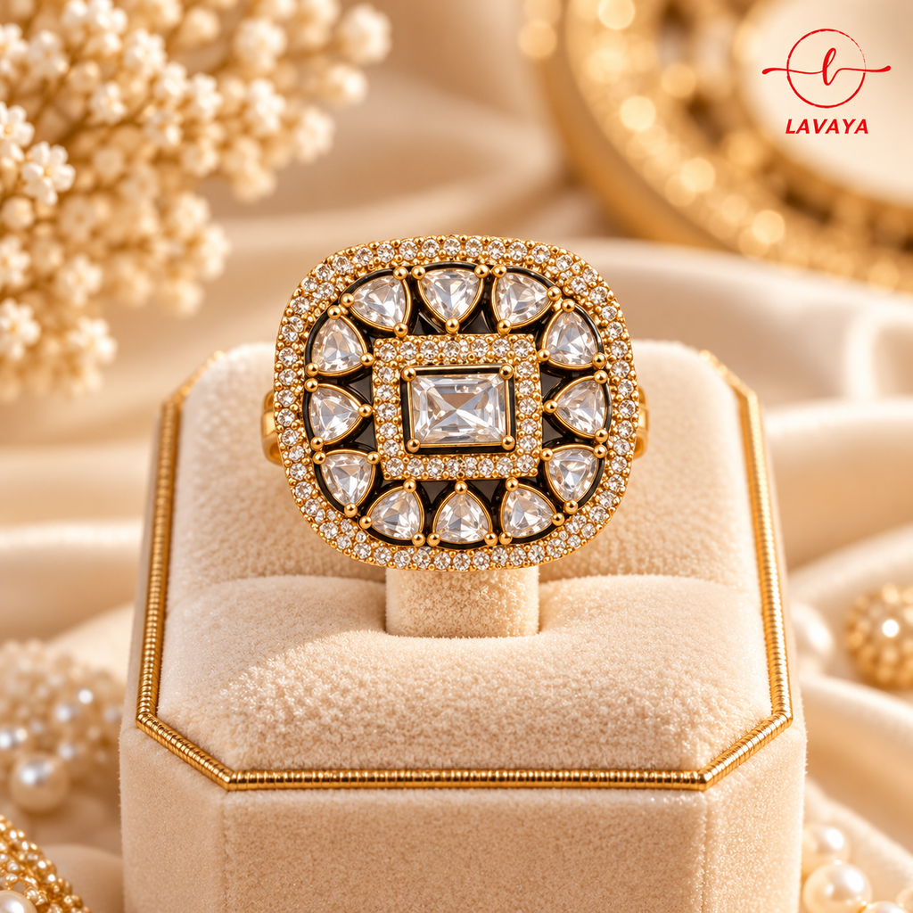 Lavaya Royal White Kundan Crystal Statement Ring with Square-Cut Center Stone & Gold-Tone Finish