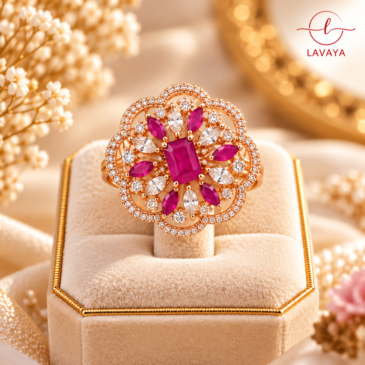 Royal Ruby Pink Floral Statement Ring with Rose Gold-Tone Finish & Sparkling White Crystal Detailing
