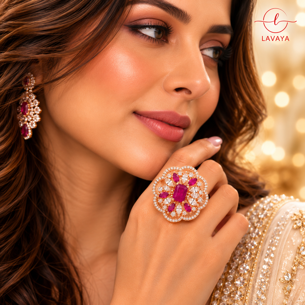 Royal Ruby Pink Floral Statement Ring with Rose Gold-Tone Finish & Sparkling White Crystal Detailing