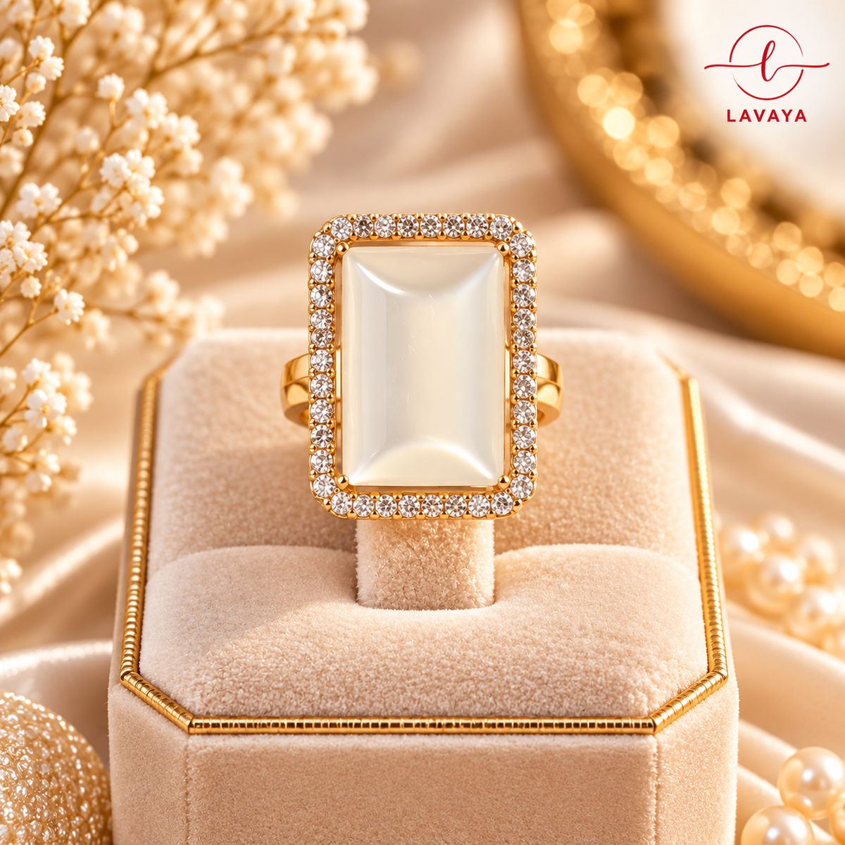 Lavaya Royal Ivory White Rectangular Statement Ring with Sparkling Crystal Halo & Gold-Tone Finish