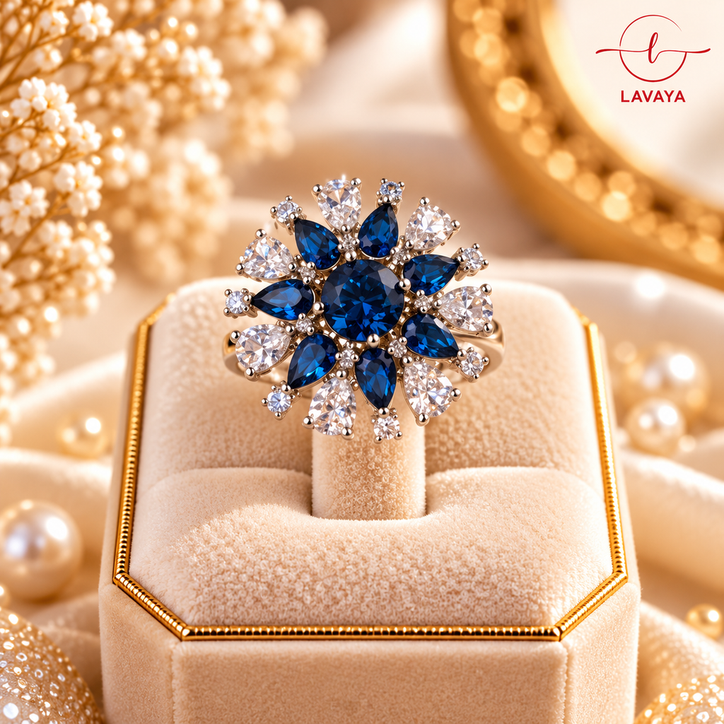 Royal Ruby Pink Floral Statement Ring with Rose Gold-Tone Finish & Sparkling White Crystal Detailing