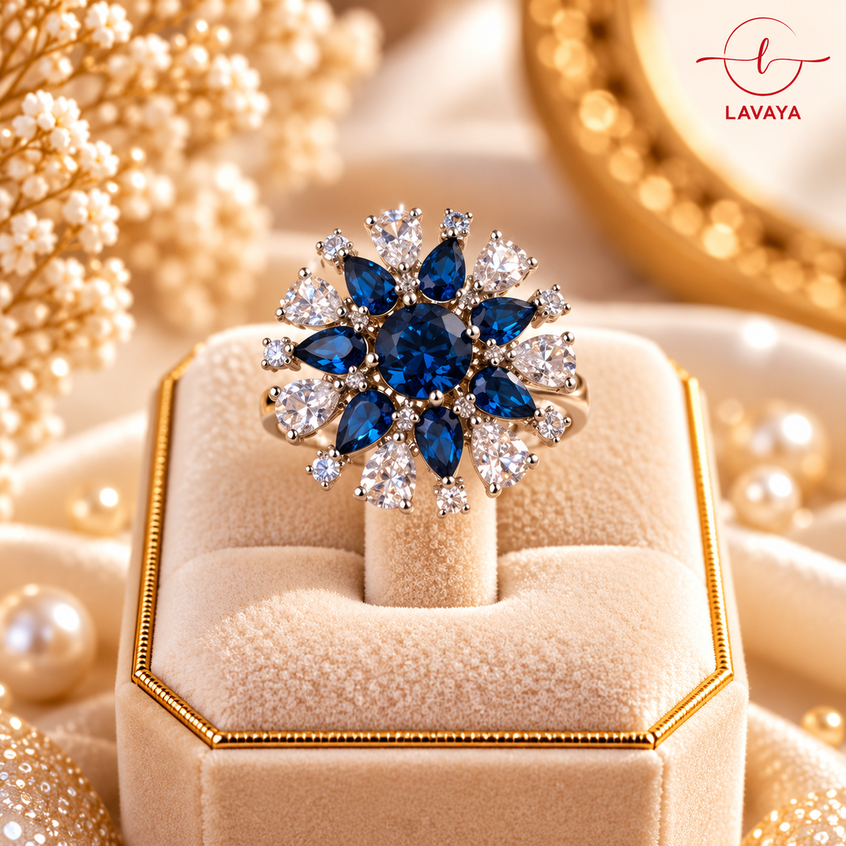Royal Ruby Pink Floral Statement Ring with Rose Gold-Tone Finish & Sparkling White Crystal Detailing