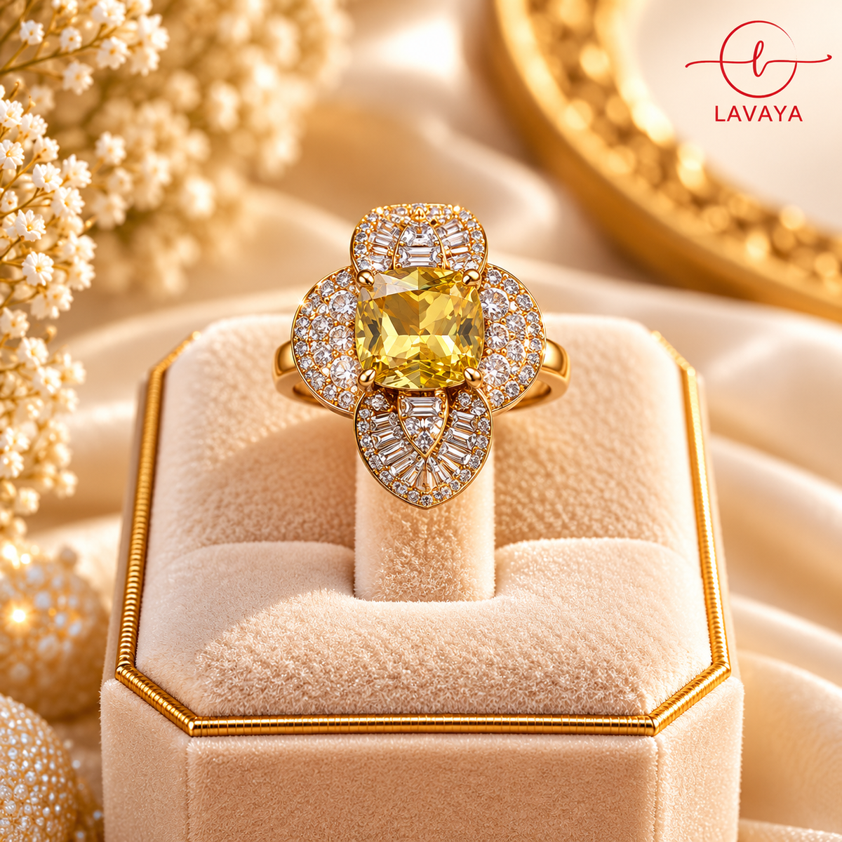 Lavaya Royal Golden Yellow Cushion-Cut Crystal Statement Ring with Sparkling Floral Halo Design