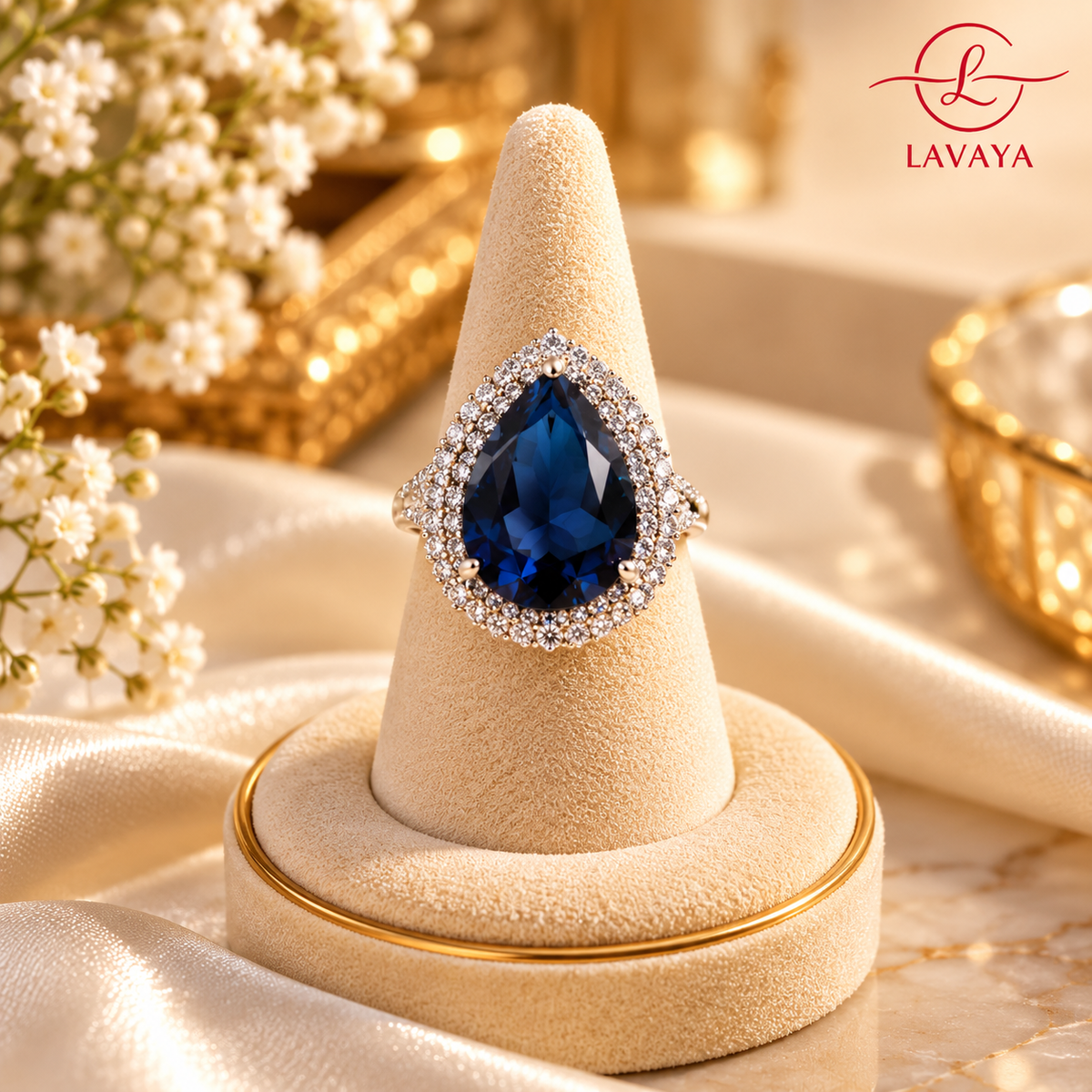 Lavaya Royal Ruby Red Pear-Cut Crystal Statement Ring with Sparkling Double Halo Design