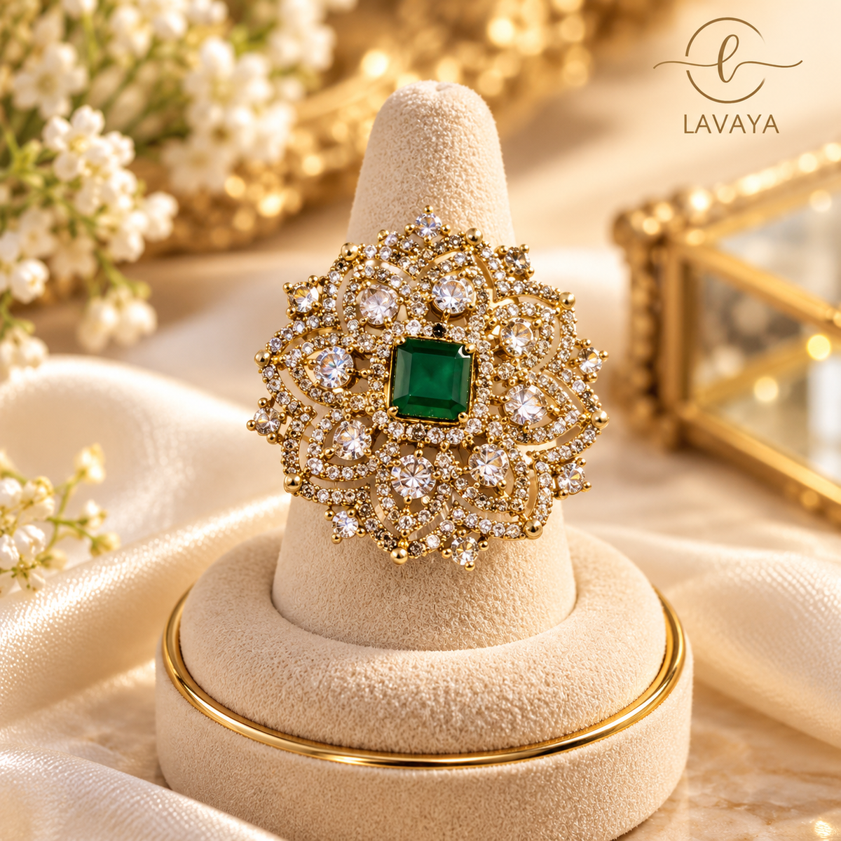 Lavaya Royal Emerald Green Crystal Floral Statement Ring with Intricate Gold-Tone Filigree & Sparkling White Stones