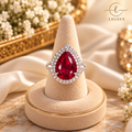 Lavaya Royal Ruby Red Pear-Cut Crystal Statement Ring with Sparkling Double Halo Design