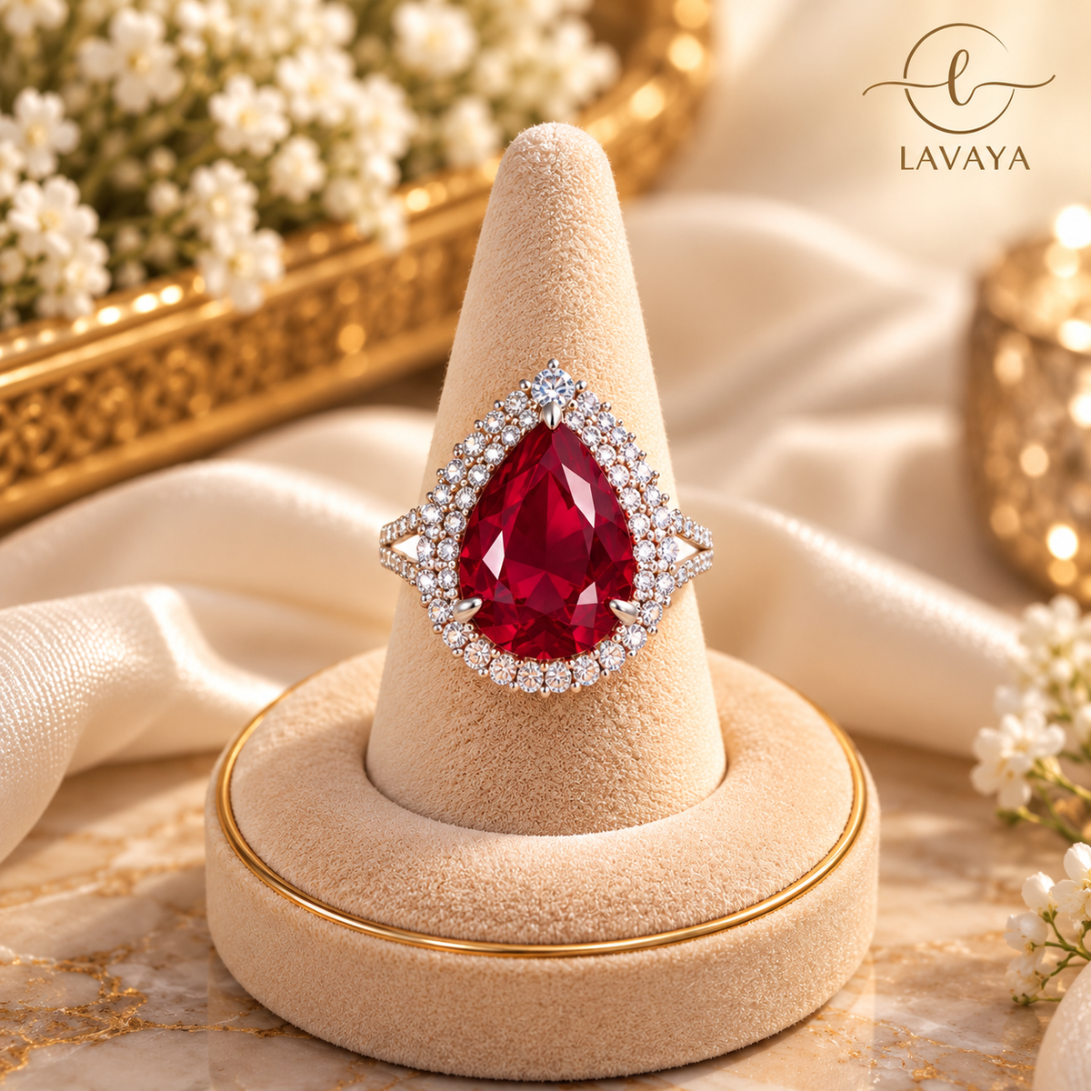 Lavaya Royal Ruby Red Pear-Cut Crystal Statement Ring with Sparkling Double Halo Design