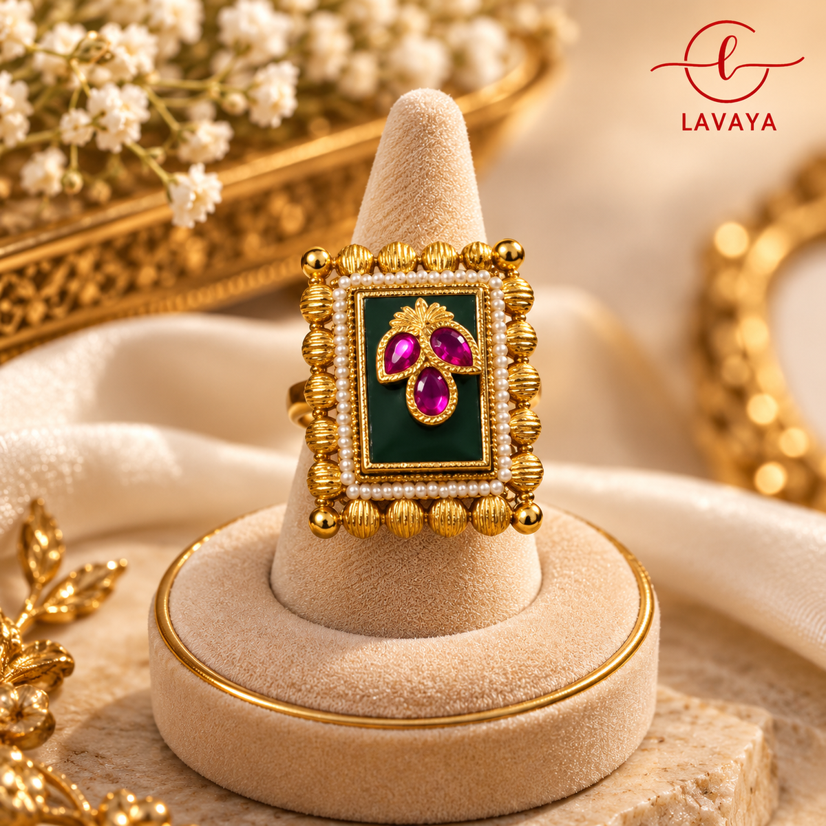 Lavaya Royal Emerald Green Meenakari Statement Ring with Ruby Pink Stones, Pearl Border & Antique Gold-Tone Finish