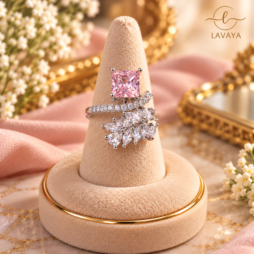 Lavaya Royal Blush Pink Princess-Cut Crystal Adjustable Statement Ring with Sparkling Floral Design & Silver-Tone Finish