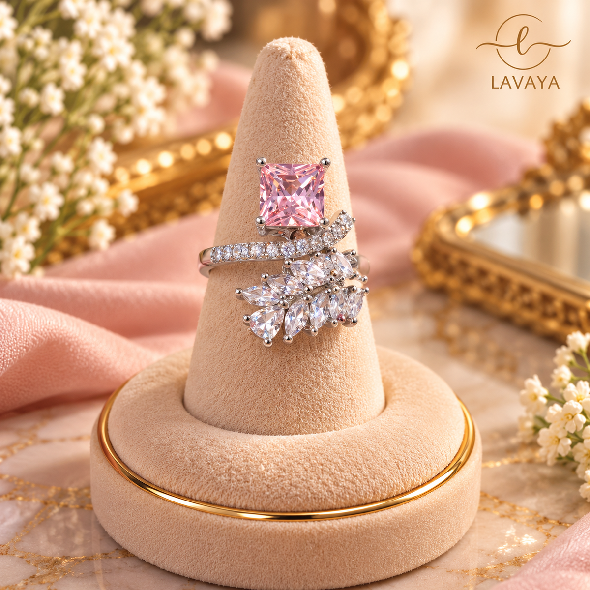 Lavaya Royal Blush Pink Princess-Cut Crystal Adjustable Statement Ring with Sparkling Floral Design & Silver-Tone Finish