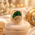 Lavaya Royal Emerald Green Oval-Cut Crystal Statement Ring with Sparkling Floral Accents & Gold-Tone Finish