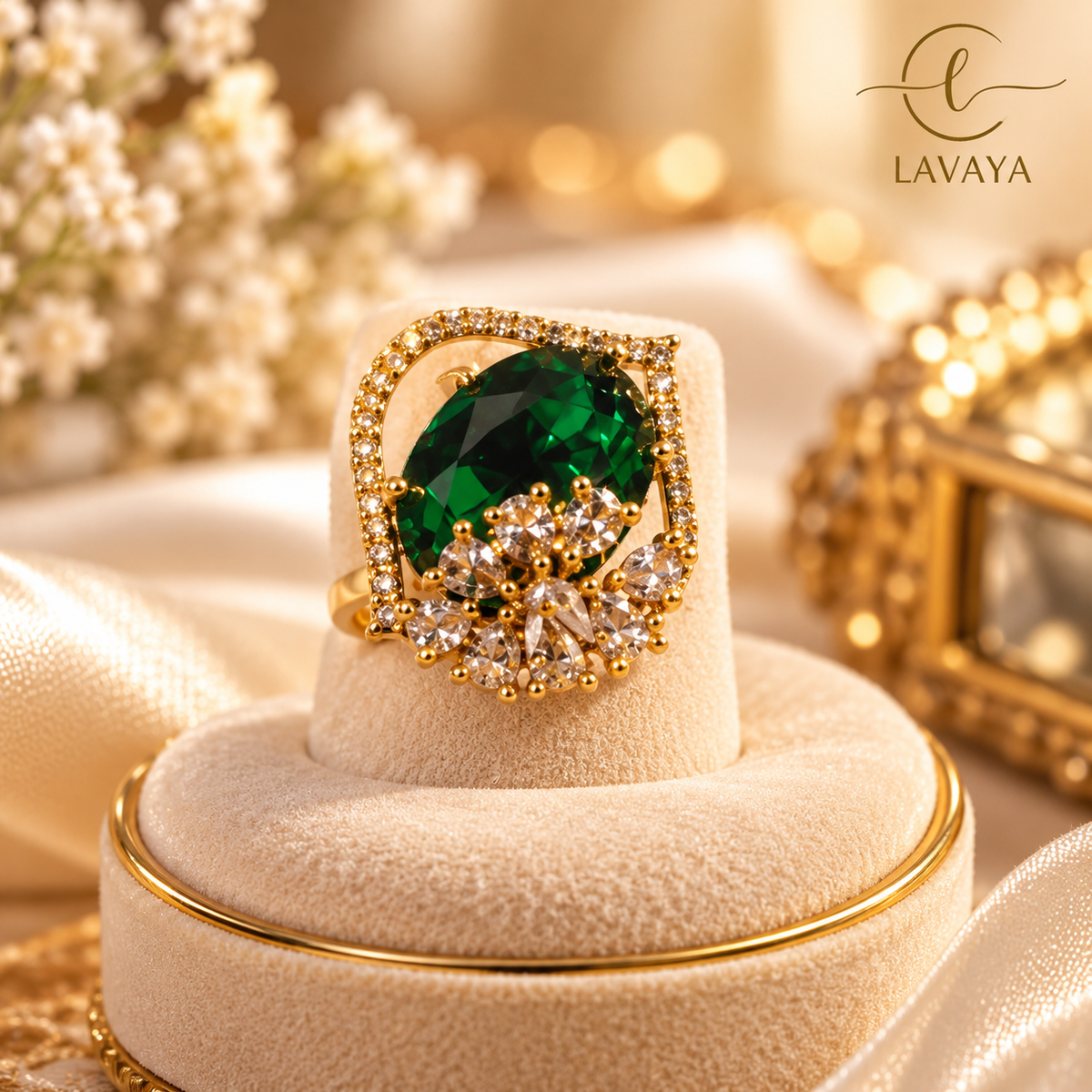 Lavaya Royal Emerald Green Oval-Cut Crystal Statement Ring with Sparkling Floral Accents & Gold-Tone Finish