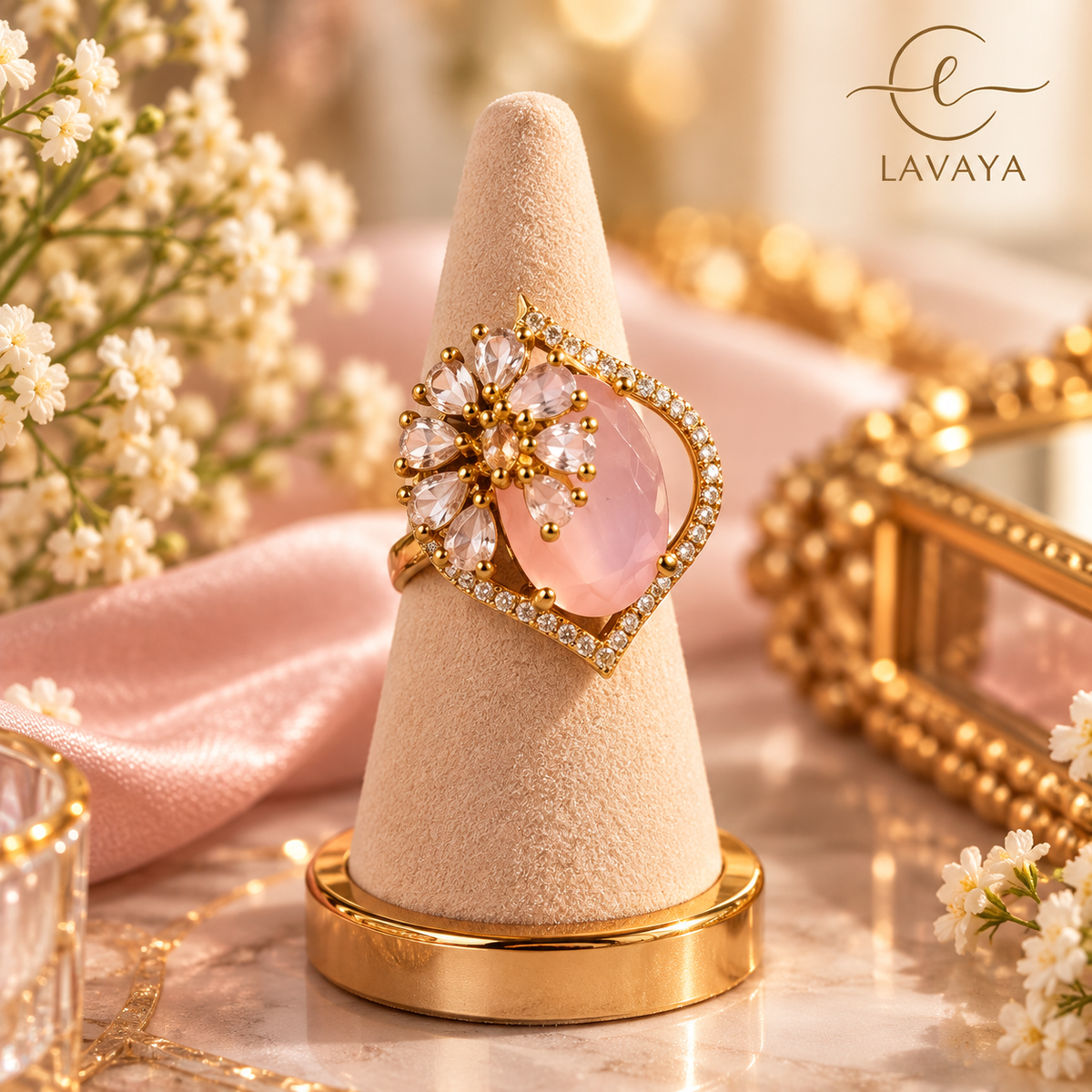 Lavaya Royal Emerald Green Oval-Cut Crystal Statement Ring with Sparkling Floral Accents & Gold-Tone Finish