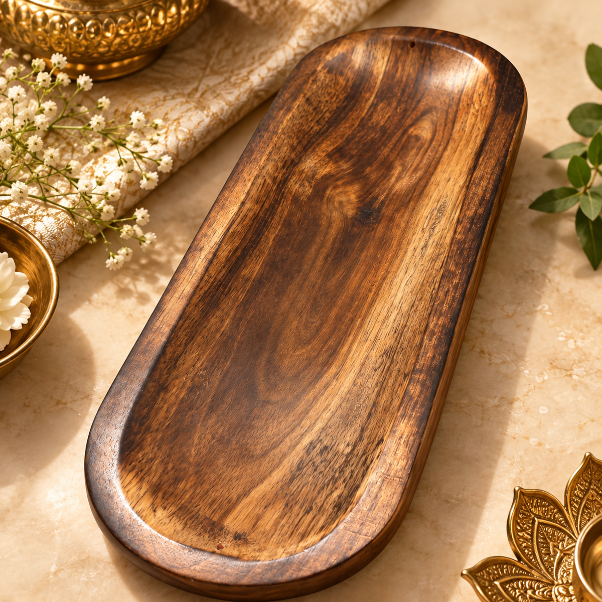 Lavaya Premium Wooden Serving Tray – Elegant Rectangular Oval-Edge Decorative Platter for Home Décor, Snacks & Gifting