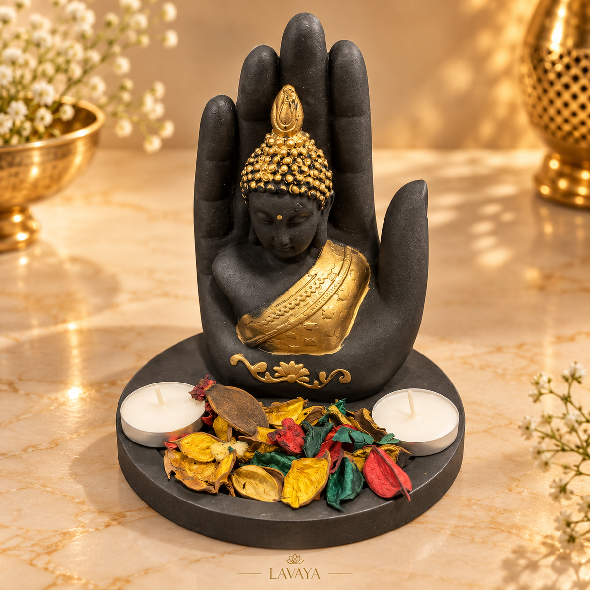 Lavaya Divine Buddha Hand Tealight Candle Holder – Black & Gold Meditation Buddha Statue with Decorative Potpourri Tray for Home Décor & Gifting